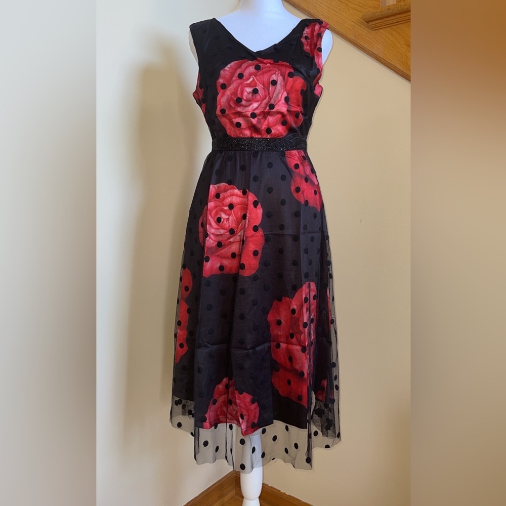 Women’s Formal Dress Size S,M,L,XXL Flower Lace Polka Dot Swing Red Black Party